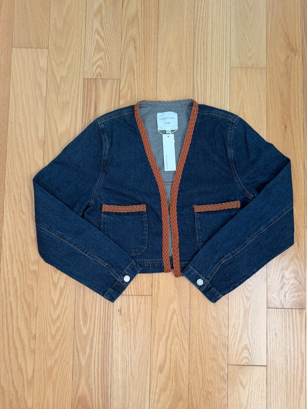 Habitual Women’s Dark Blue Denim Crop Jacket with Brown Braided Trim